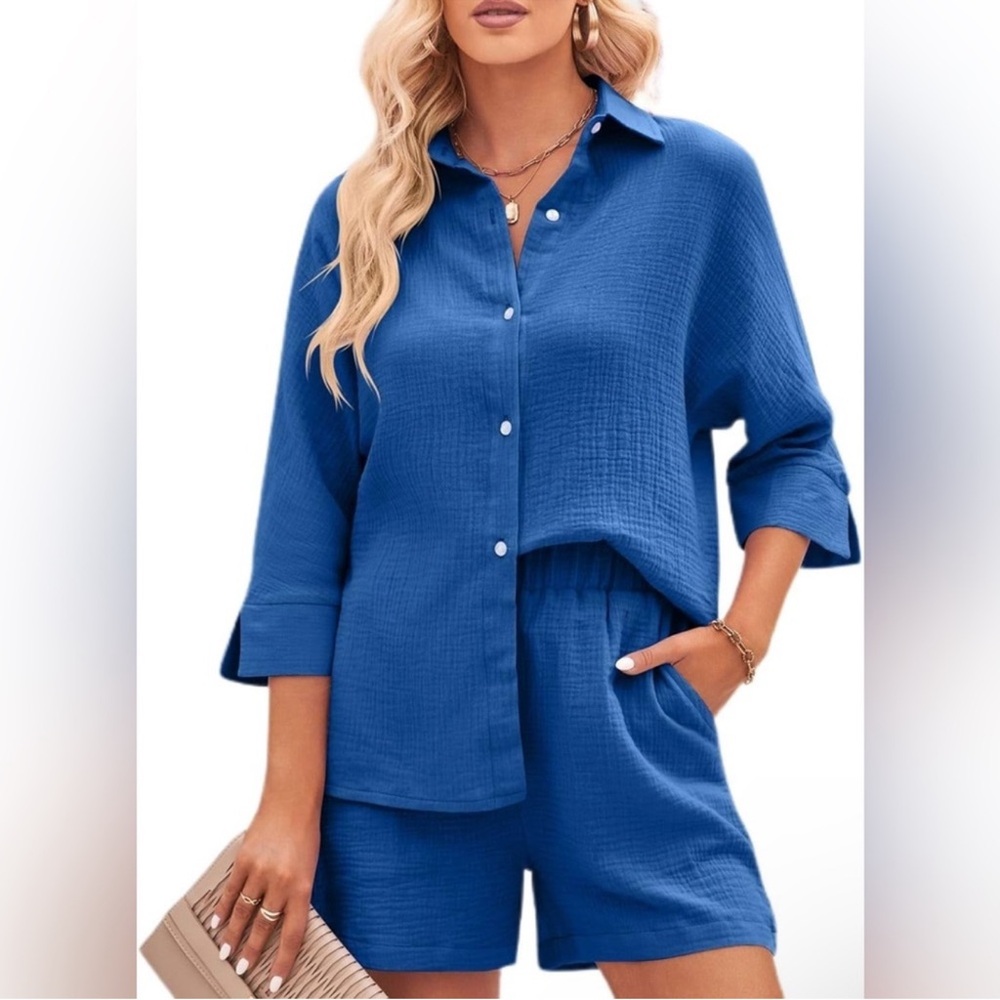 Ekouaer Matching Textured Blue Set Relaxed Button-Down Shirt and Short NWOT
